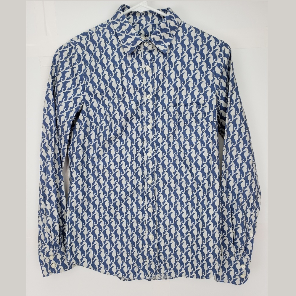 J Crew Seahorse Blue White Button Up Top XXS
